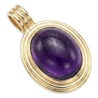 Deep Purple Oval Amethyst Cabochon Pendant | Ribbed Bezel Gemstone Pendant | February Birthstone Gift For Sale