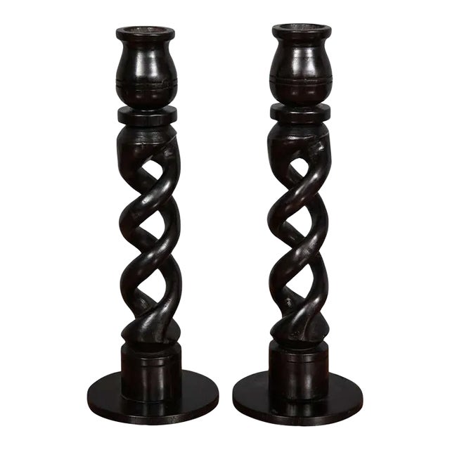 Pair of Antique 1900s Ebony Open Barley-Twist Candlesticks For Sale