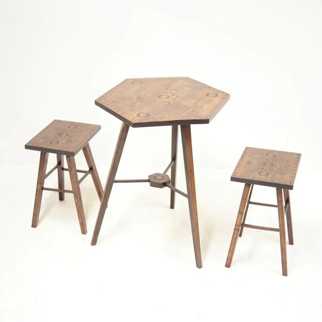 Wood Hand Carved Folk Table and Stools, Former Czechoslovakia, 1960s, Set of 3 For Sale - Image 7 of 9