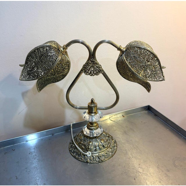 1960s 1960s-70s Brass Filigree/Glass Double Tulip Lamp For Sale - Image 5 of 5