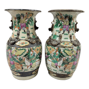 Pair of Antique Chinese Crackle Glaze Nanking Vases With Dragons