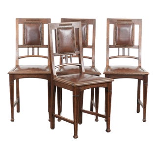 Art Nouveau Style Dining Chairs in Oak with Cowhide Leather, Set of 4 For Sale