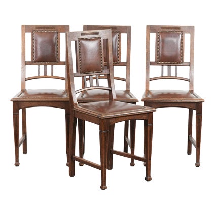 Art Nouveau Style Dining Chairs in Oak with Cowhide Leather, Set of 4 For Sale