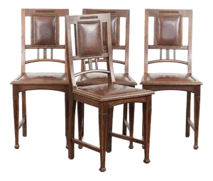 Art Nouveau Style Dining Chairs in Oak with Cowhide Leather, Set of 4