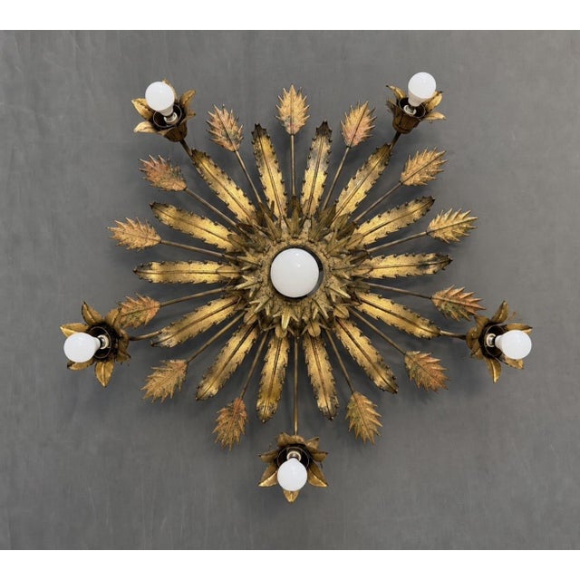 Spanish Ceiling Lamp with Gilded Iron and Floral Motif, 1950s For Sale - Image 9 of 9