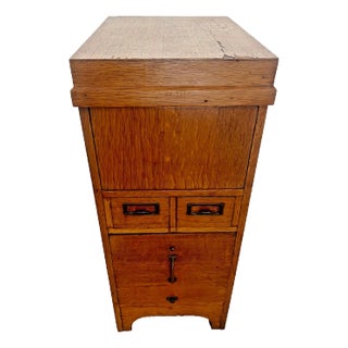 1910s Antique File Cabinet Tilt Open Top Index Card Drawers Paneled Sides Casters For Sale