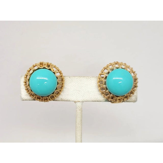 Napier Vintage 1960s Signed Napier Round Goldtone Cabochon Faux-Turquoise Clip Earrings - 2 Pieces For Sale - Image 4 of 8
