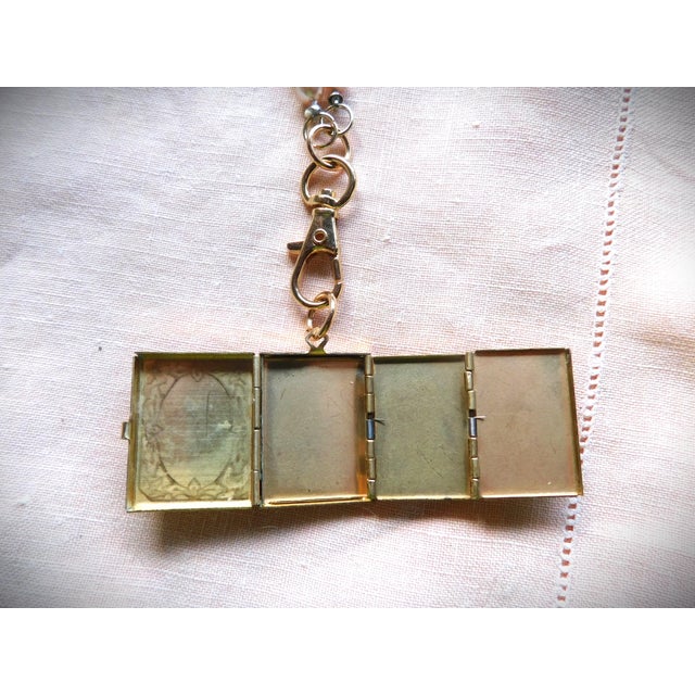 Art Nouveau Vintage Four Photo Etched Locket, Pink Pearl Chain, Faceted Pacific Opal Stone, Lobster Claw For Sale - Image 3 of 12
