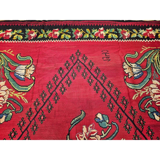 Vintage Turkish Bessarabian Kilim, Handwoven Wool, Floral Pattern, Red & Black, 11x13 For Sale In Chicago - Image 6 of 13