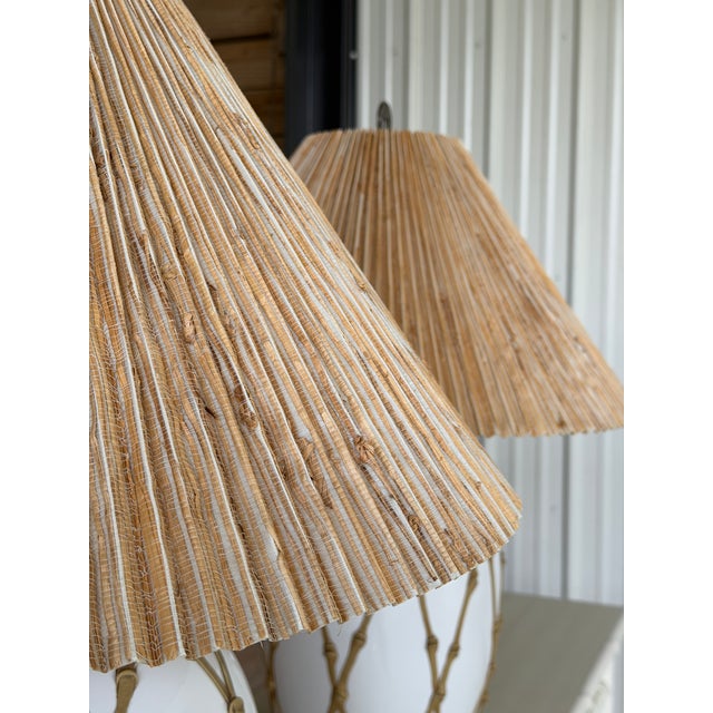 Vintage Hollywood Regency Boho Faux Bamboo “Icing” Ceramic Table Lamps With Raffia Shades - A Pair For Sale - Image 10 of 12