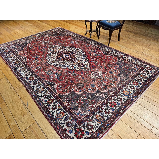 Persian Vintage Persian Bakhtiari Rug, Handwoven Wool, Medallion Floral Pattern, Brick Red & Ivory, 7x11 For Sale - Image 3 of 15