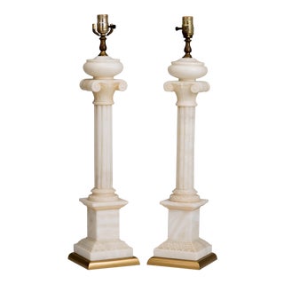 Neoclassical Alabaster Ionic Column Table Lamps - a Pair For Sale