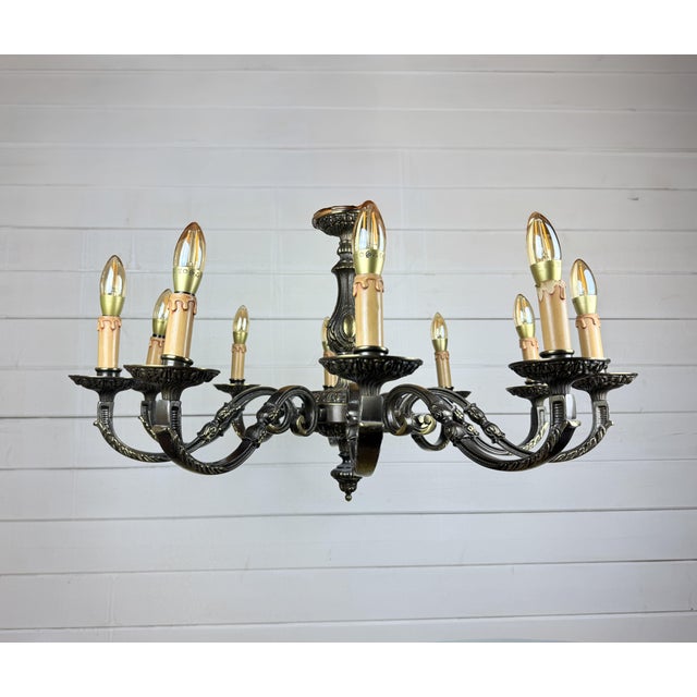Baroque Vintage Baroque Style 10-Arm Brass Chandelier, 1950s For Sale - Image 3 of 10