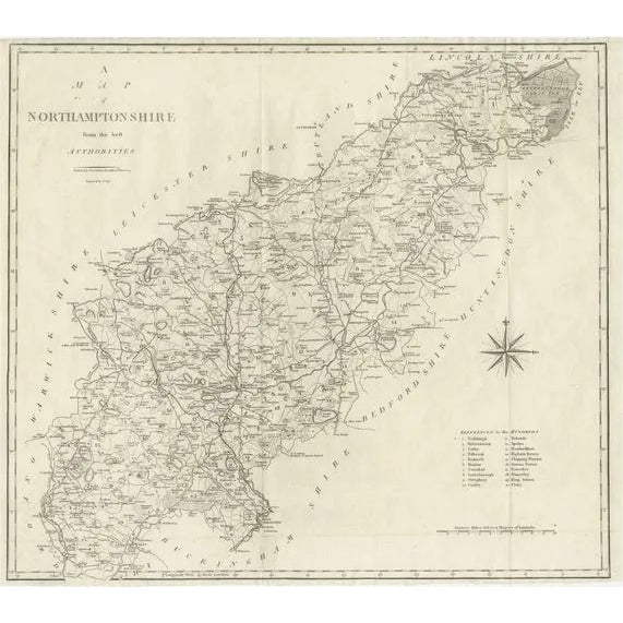 Large Antique County Map of Northamptonshire, England, 1805 For Sale