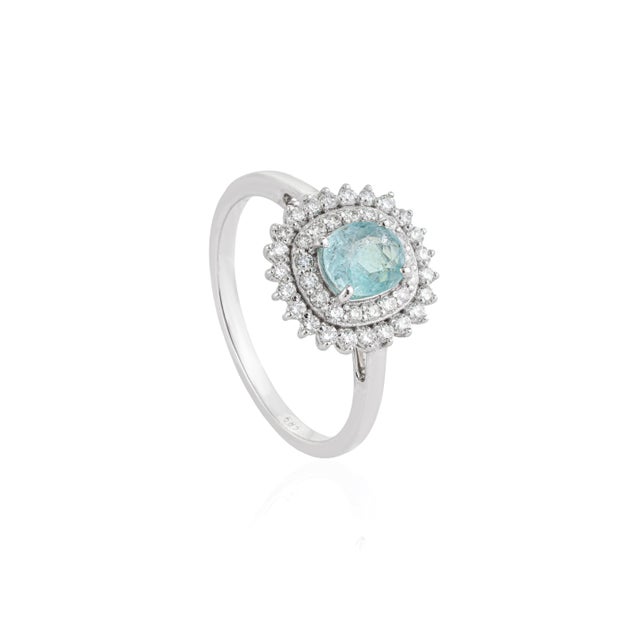 VR Jewels Natural Cushion Cut Paraiba Tourmaline Double Halo CLuster Diamond Ring Size 9 For Sale - Image 4 of 18