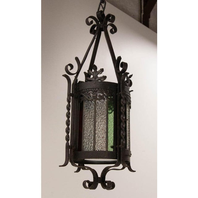 Gold French Lustre Colored Glass & Wrought Iron Pendant Light, Late 19th Century For Sale - Image 8 of 14