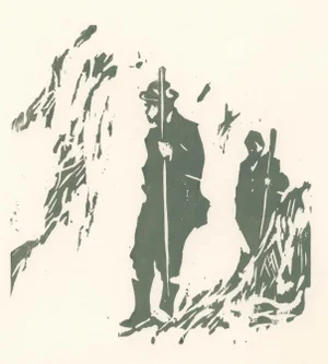 Original Woodcut Print of Hikers by Michelle Farro