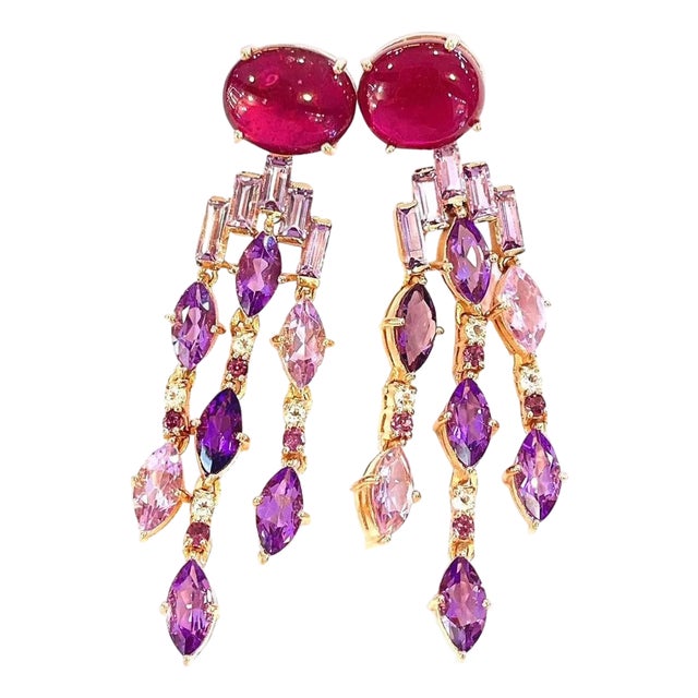 Bochic “Capri” Red Ruby & Purple Amethyst Earrings Set in 18K Gold & Silver For Sale
