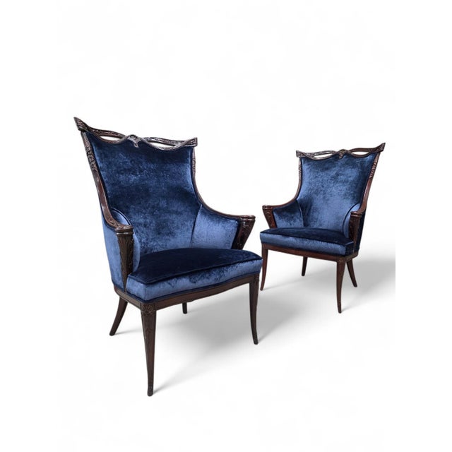 Wood Vintage Regency Revival Style Wingback Chairs Attributed to Grossfeld House Newly Reupholstered – Pair For Sale - Image 7 of 11