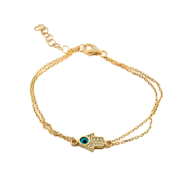 Minimalist Sparkly Hamsa Hand & Evil Eye Gold Bracelet For Sale - Image 11 of 11