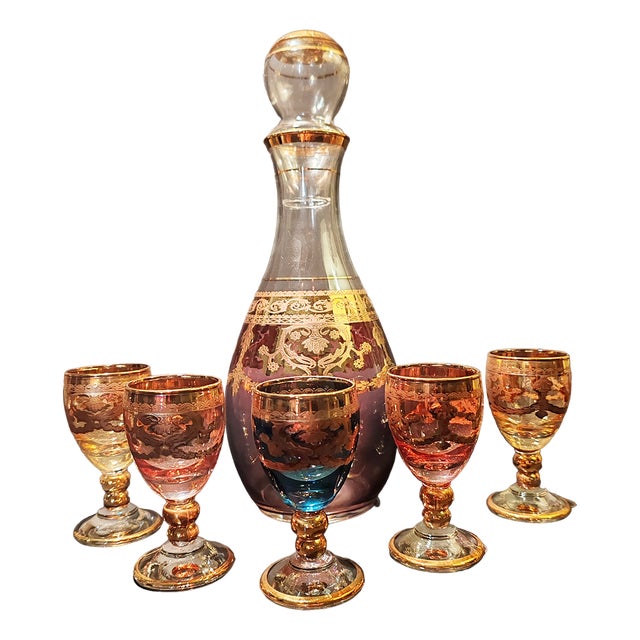 Baroque Venetian Bottle and Glasses in Glass with Gold Trim, Venice, Italy, 1950s, Set of 6 For Sale