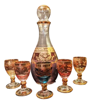 Baroque Venetian Bottle and Glasses in Glass with Gold Trim, Venice, Italy, 1950s, Set of 6