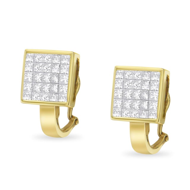 Haus of Brilliance 14K Yellow Gold 3-1/5 Cttw Princess Cut Diamond Â¾ Square Invisible Set Grid Huggy Style Omega Back Stud Earrings - 2 Pieces For Sale - Image 4 of 6