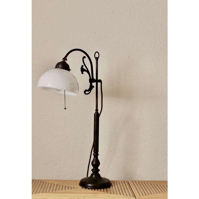 Metal French Adjustable Library Table Lamp in Patinated Bronze and Milk Glass, 1930s For Sale - Image 7 of 7