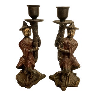 Vintage Chinoiserie Heavy Cast Iron Chinese Fisherman Candle Stick Holders- a Pair For Sale