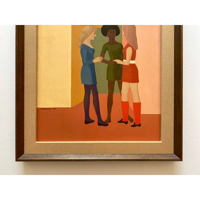 Mid-Century Modern Pierre Georgeot Vintage 1970 Mid Century Modernist " Trois Aimes " Original Framed Paris Pop Art Oil Painting For Sale - Image 3 of 17