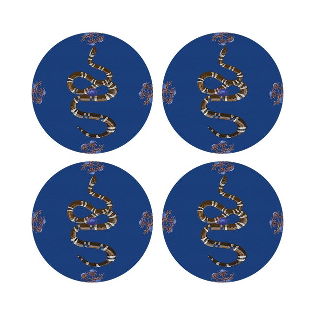Thistle And Snake Blue Vegan Leather Round Pebble Placemat, Set of 4 For Sale - Image 4 of 5