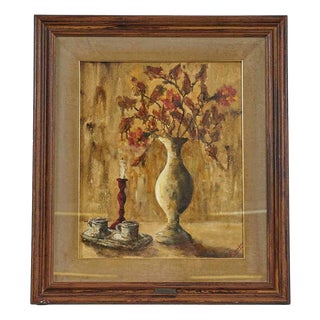 A. Rimondini, White Vase Adorned with Autumn Leaves, Oil on Canvas For Sale