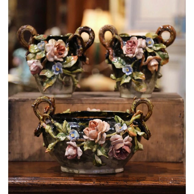 Pair of 19th Century Hand Painted Barbotine Ceramic Vases & Matching Cache-Pot For Sale - Image 4 of 10