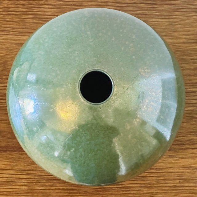 Mid-Century Hand Thrown California Studio Pottery Bulbous Vase in Iridescent Teal Crackle Glaze Measures approx: 8H x 7.5D...