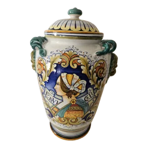 Large Vintage Hand Painted Deruta Covered Portrait Jar