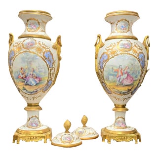 Monumental French Porcelain Decorative Vase With Hand-Painted Pastoral Scene, Gold Leaf Accents & Bronze Base For Sale