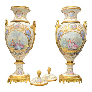 Monumental French Porcelain Decorative Vase With Hand-Painted Pastoral Scene, Gold Leaf Accents & Bronze Base