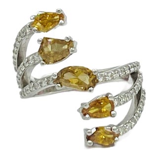 Orangey Yellow Diamond and White Diamond Cocktail Ring in 18k White Gold Size 6.5 For Sale