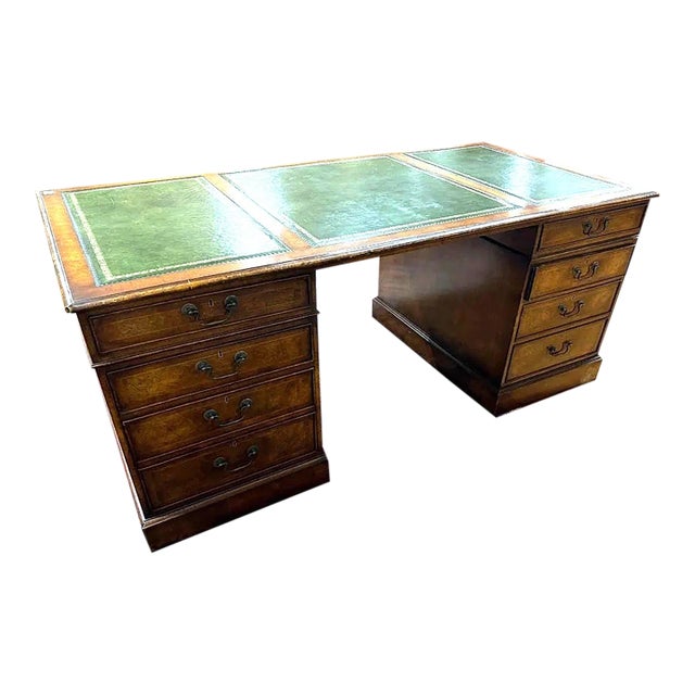1950s Large 72 Inch English George II Style Burl Walnut Leather Top Partners Desk For Sale