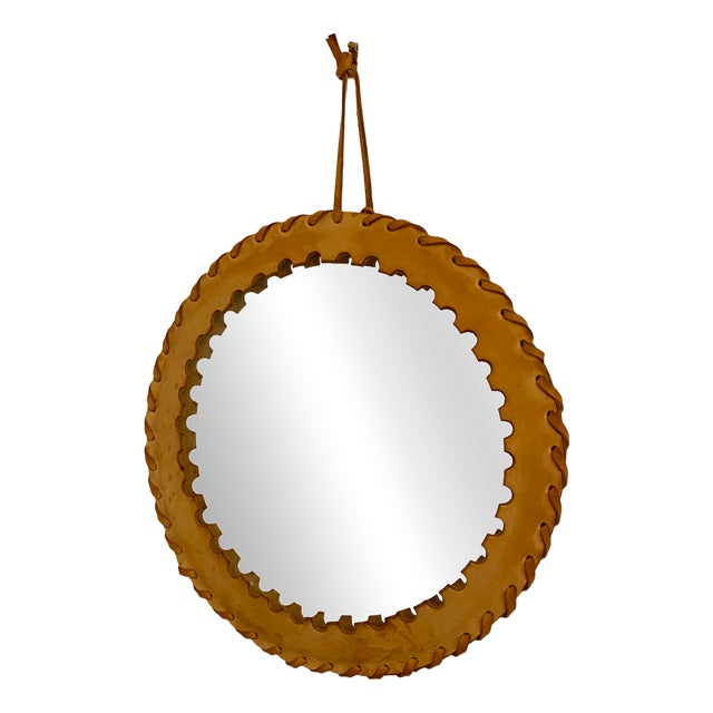 Vintage Round Mirror in Saddle Leather, 1960s For Sale