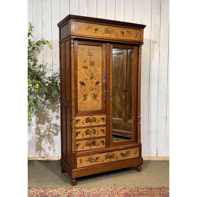 20th Century Art Nouveau Wardrobe in Pitch Pine and Speckled Maple Burl For Sale - Image 3 of 18