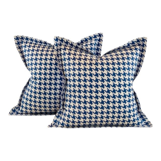 Designer Vicki Payne Free Spirit Blue & White Check Dogstooth Houndstooth Pillow Covers- 20" Pair For Sale