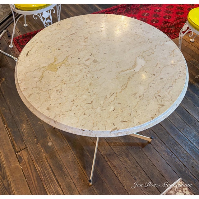White Vintage 1960s 5-Piece White Cast Iron and Marble Patio Set With Bright Yellow, Vinyl Seat and Back Cushions For Sale - Image 8 of 10