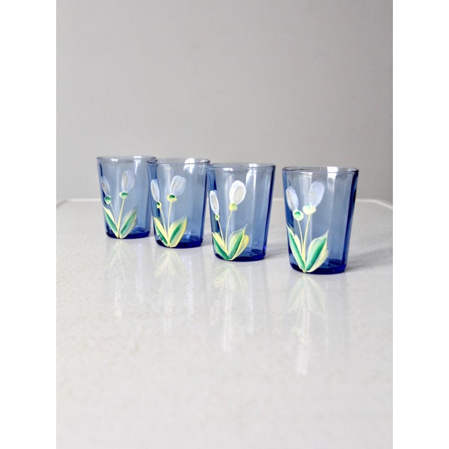 Antique Blue Hand-Painted Glass Pitcher and Tumbler Set For Sale - Image 6 of 14