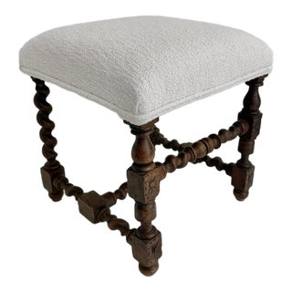 19th C French Louis XIII Style Walnut Stool W/ New Boucle Textile For Sale