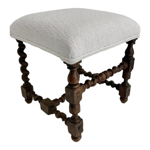 19th C French Louis XIII Style Walnut Stool W/ New Boucle Textile For Sale