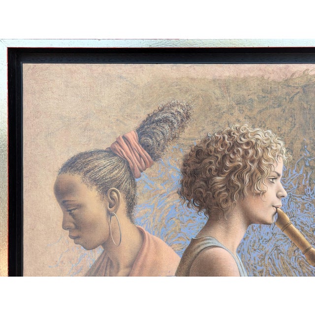 Late 20th Century Poen de Wijs "Tripelconcert" Realist Painting of Two Women with a Flute & Saddlebill Stork, 1998 For Sale - Image 5 of 11