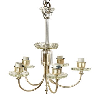 Vintage Five Arm Pewter and Glass Chandelier For Sale