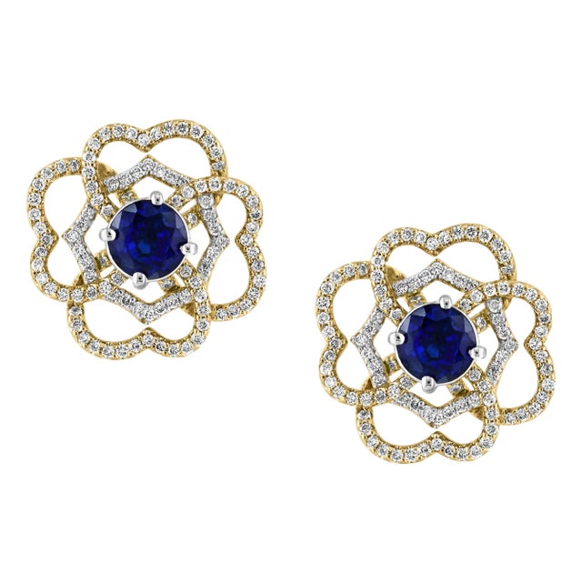 1 Carat Each Sapphire Diamond Flower/Cluster Earring 14 Karat Rose Gold For Sale