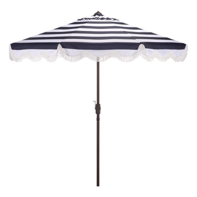 Lucerna 9 Ft Crank Umbrella, Navy Stripe/Brown Pole For Sale